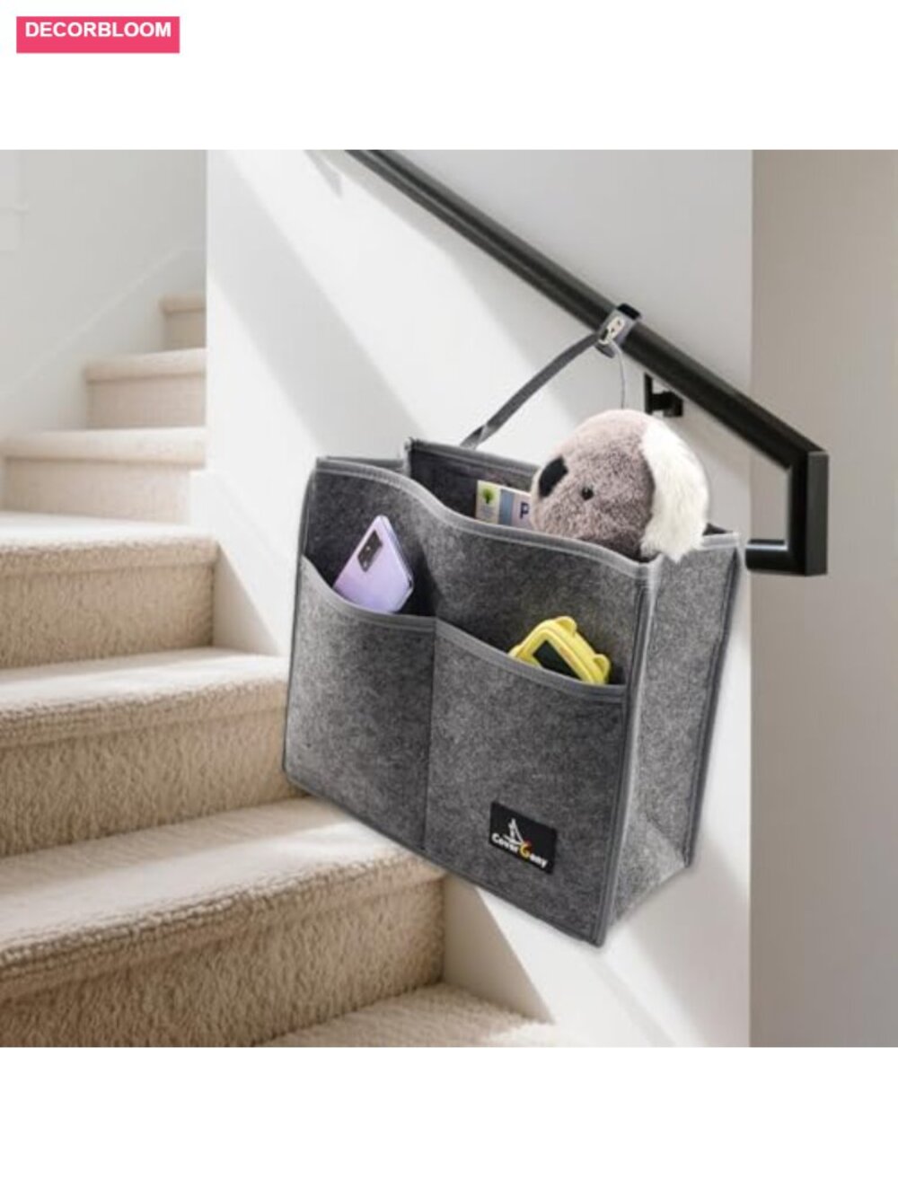 Felt Stair Handrail Caddy Bag with Strap, 4 Compartments, Holds 20 lbs